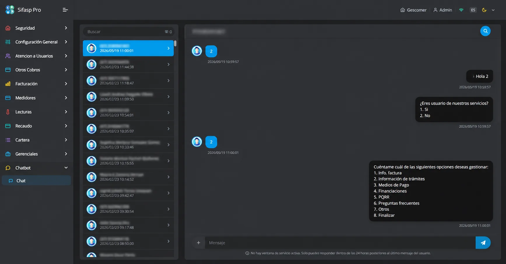 Chat Center de Sifasp Pro gestionando conversaciones de WhatsApp con los usuarios