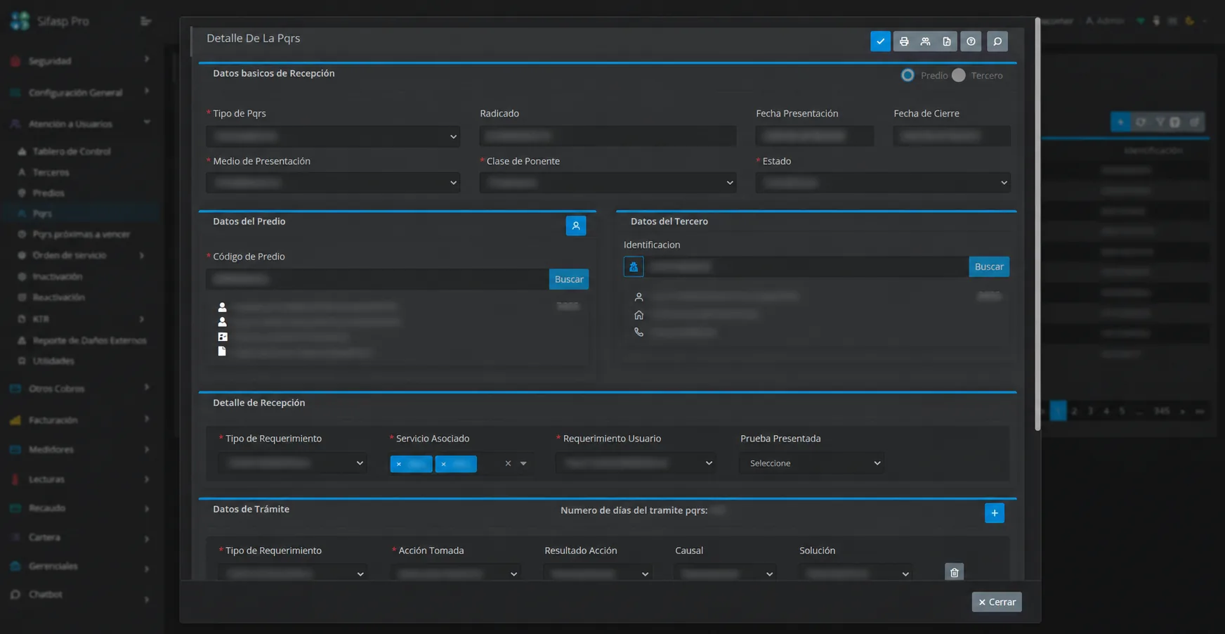 Detalle de una PQRS en Sifasp Pro con tipo de requerimiento, trámite y días del proceso