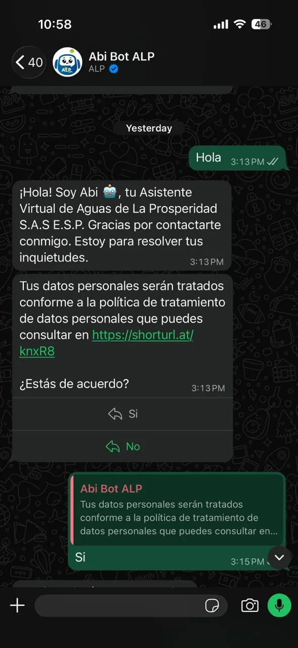 Conversación de WhatsApp con el chatbot de Sifasp Pro: menú de autogestión del usuario