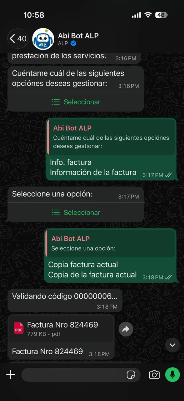 Conversación de WhatsApp con el chatbot de Sifasp Pro: consulta de factura y trámites